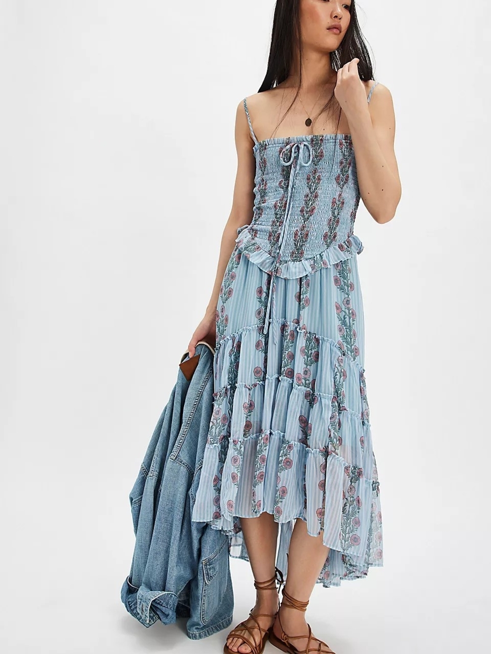 Free People Blue Floral Smocked High-Low Midi Dress